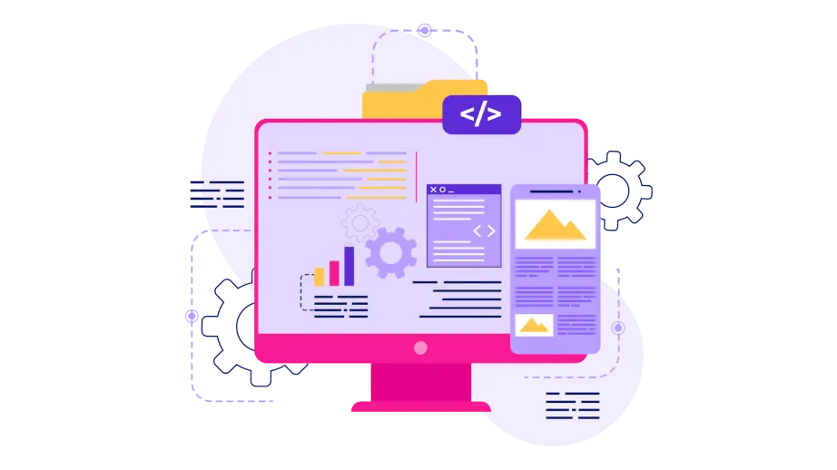 Computer screen with document, charts graphs and icons